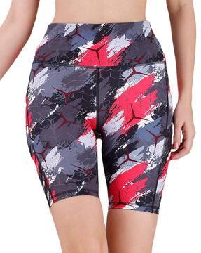 high-waist knee length quick dry printed athleisure sports shorts with pocket