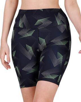 high-waist knee length quick dry printed athleisure sports shorts with pocket