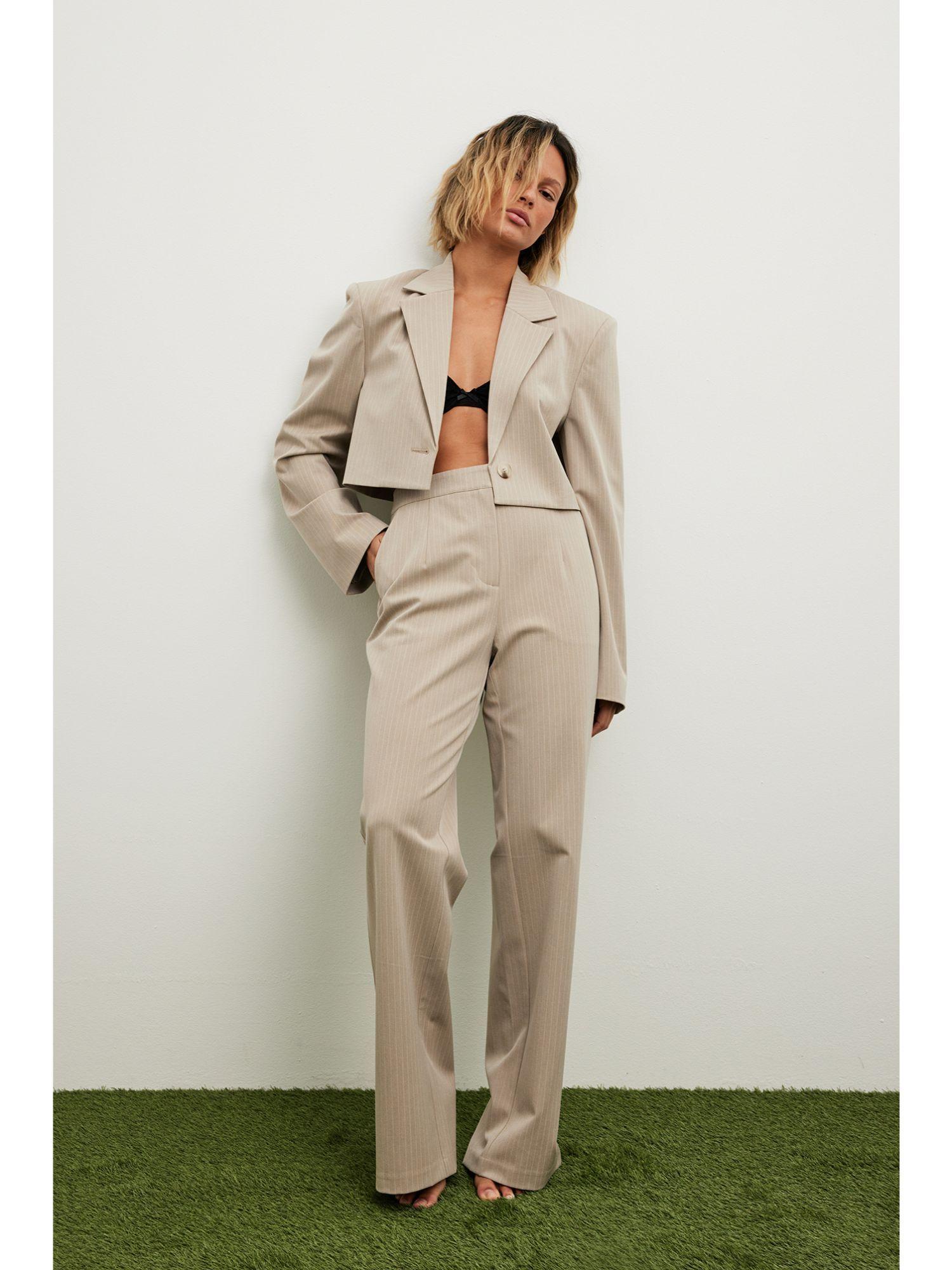 high waist pinstriped straight leg suit pants beige