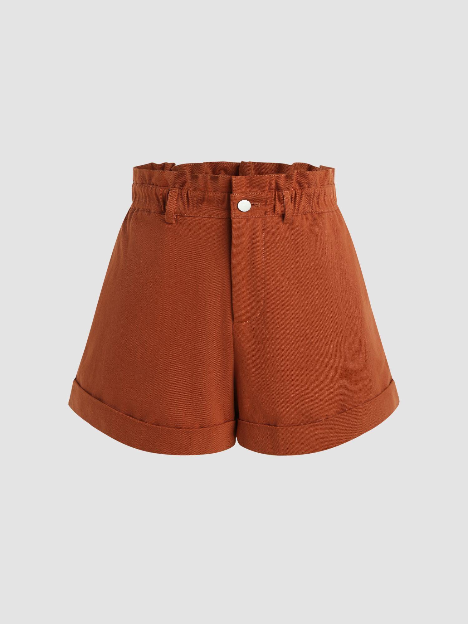 high waist roll hem button shorts