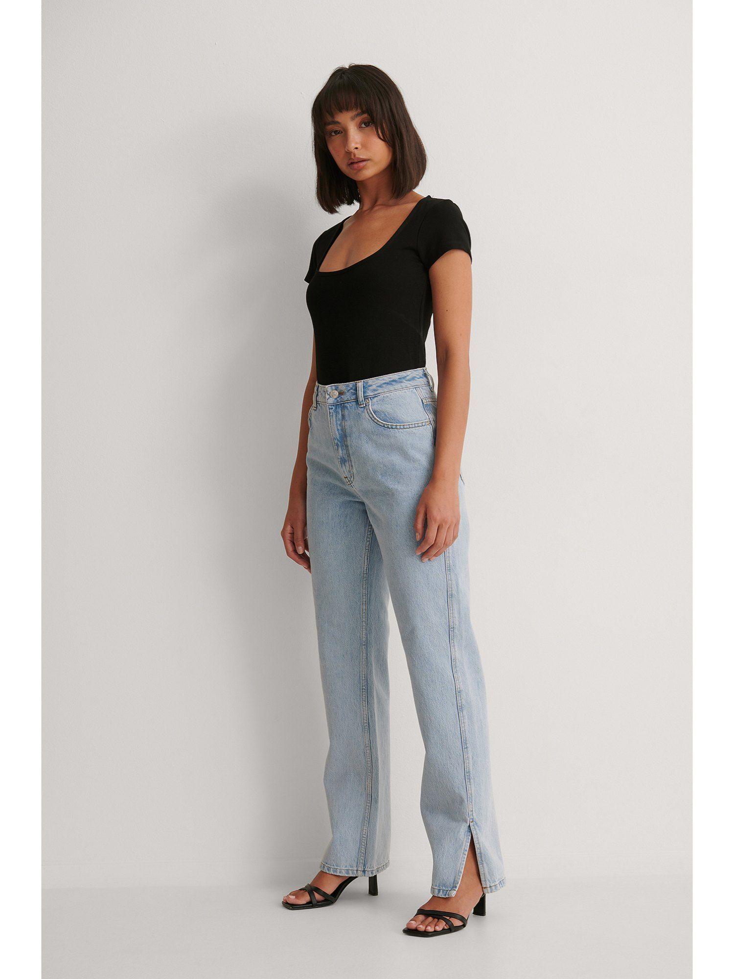 high waist straight side slit jeans-light blue