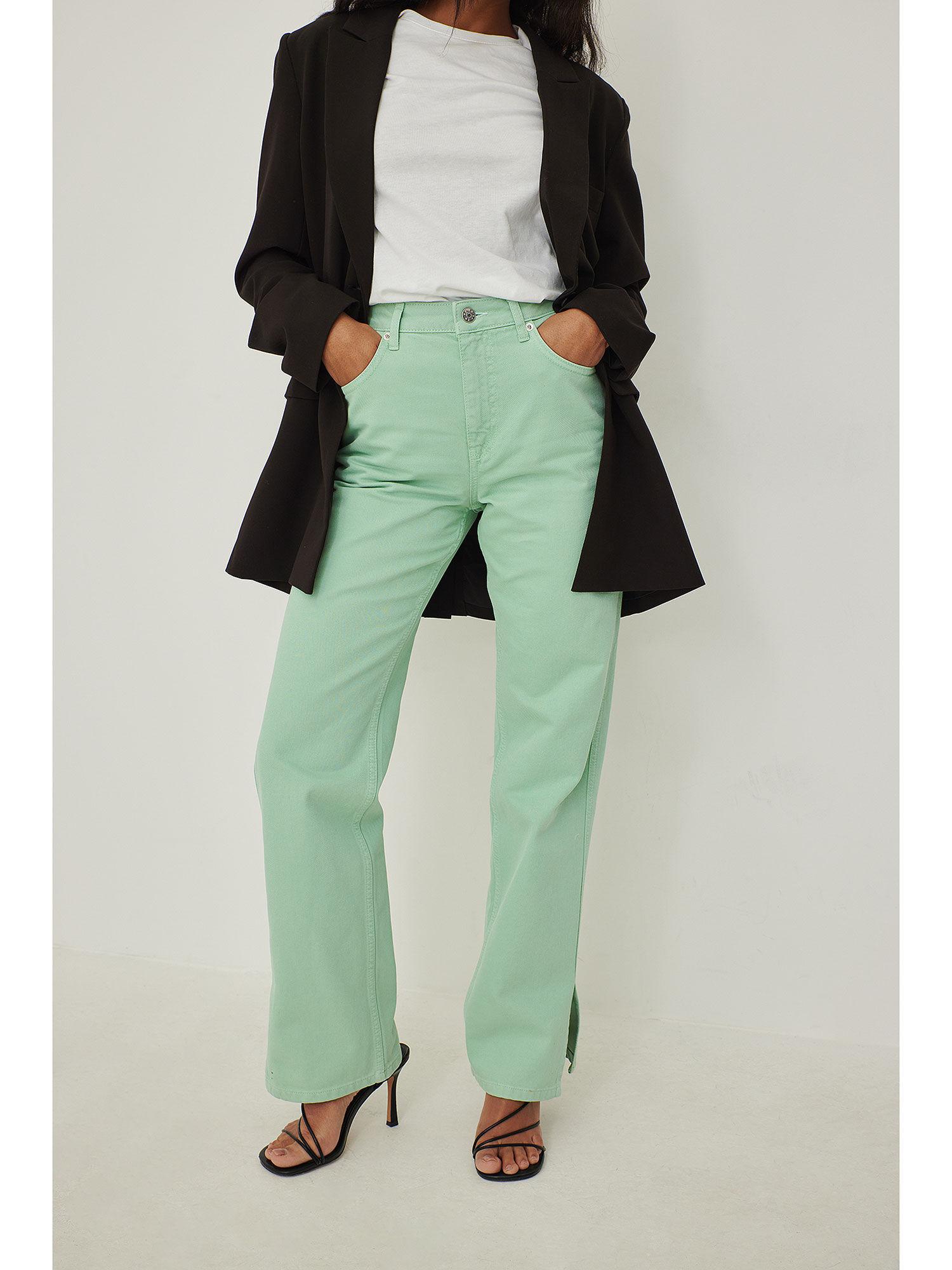 high waist straight side slit jeans-mint