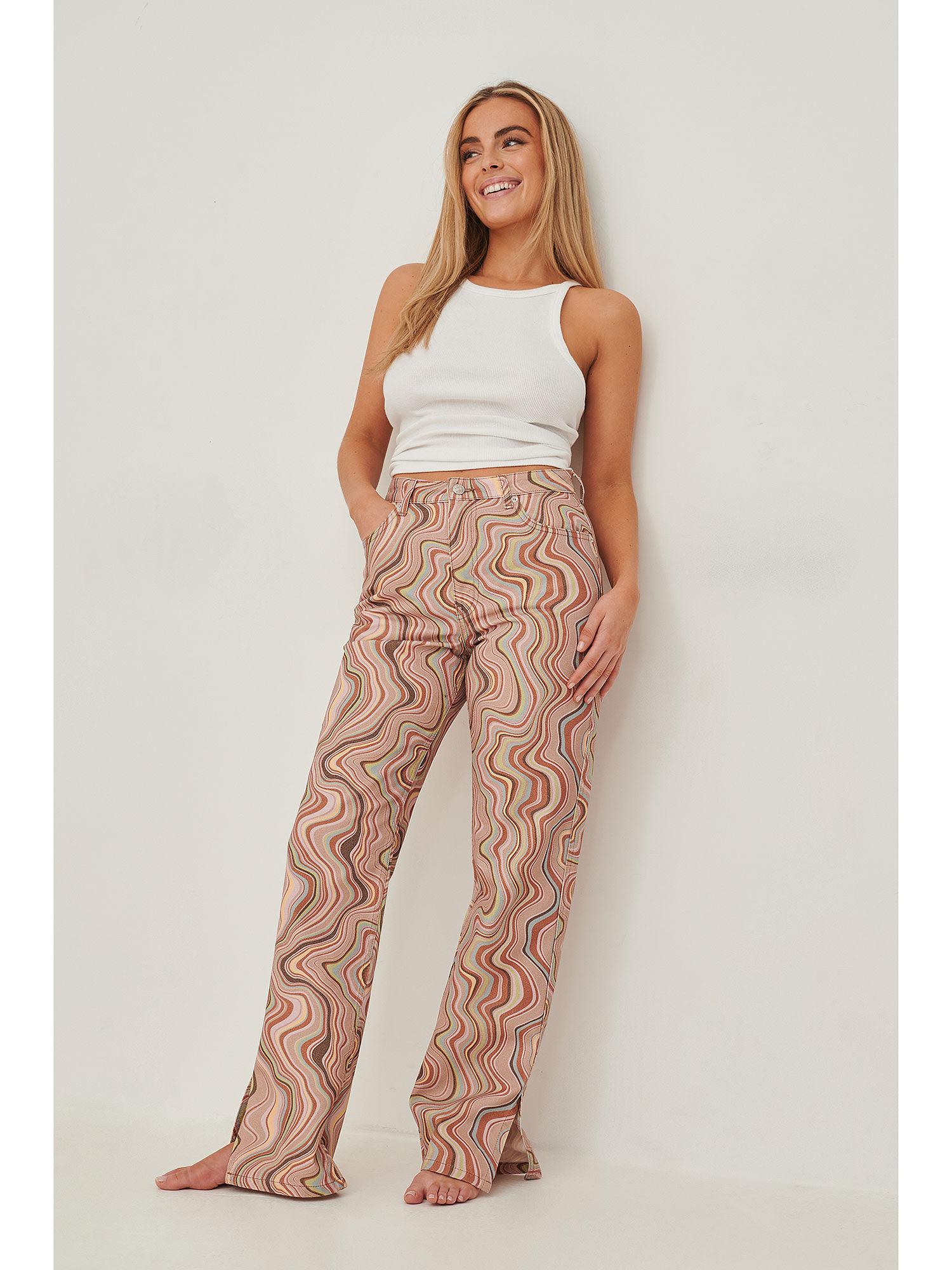 high waist straight side slit jeans-swirl beige print