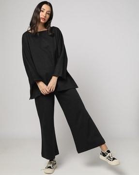 high-waist trousers with elasticated waistband