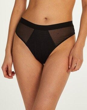 high-waisted high-leg mesh string thongs