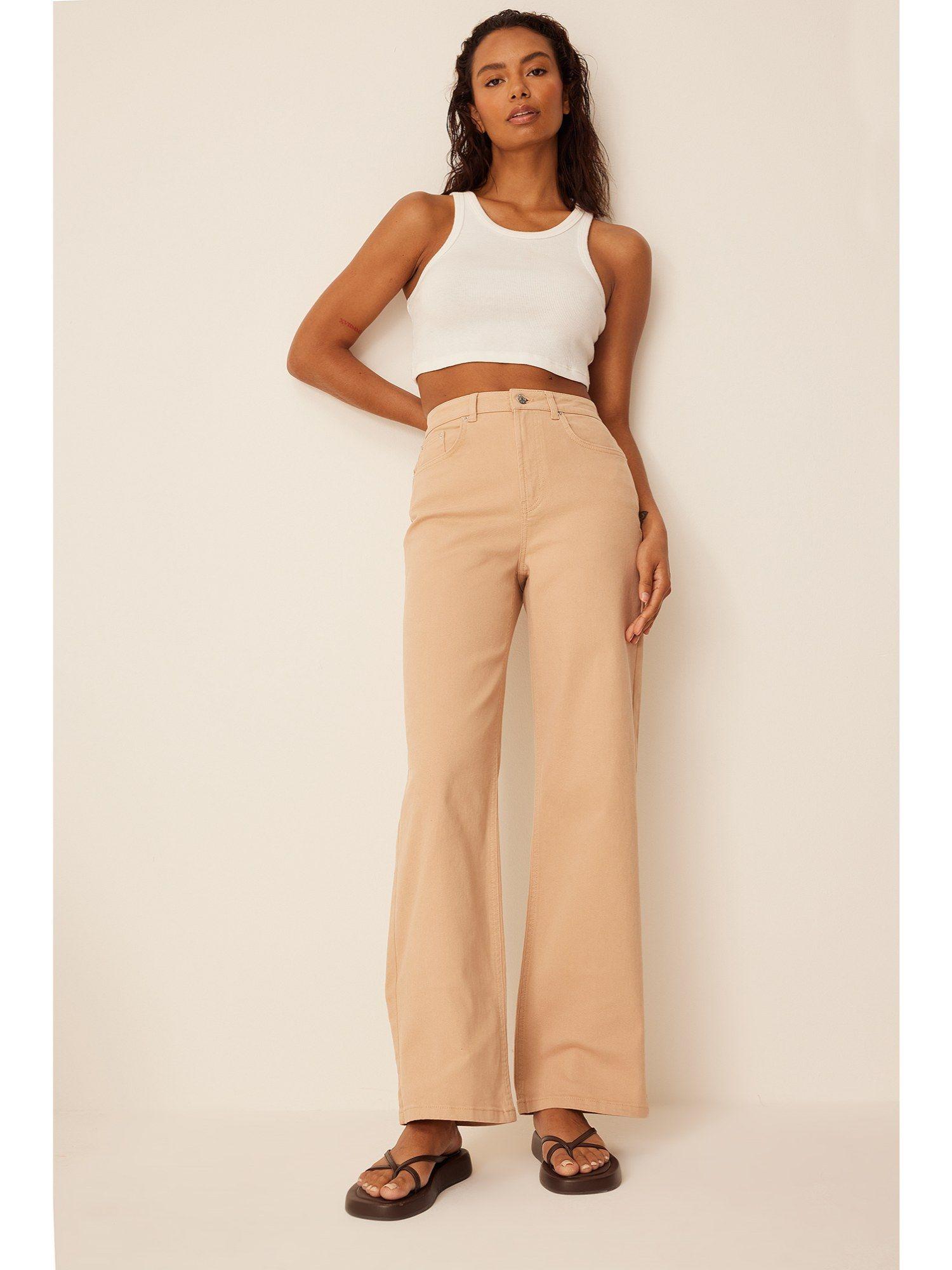 high waisted wide leg denim beige