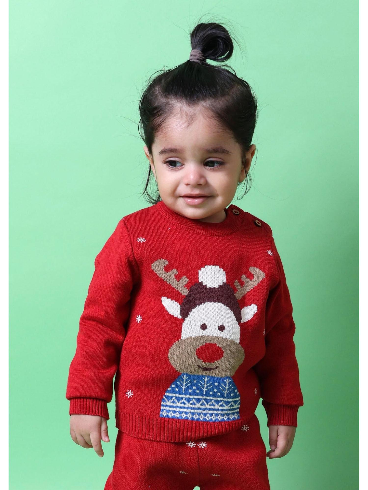 highhearted cotton reindeer jacquard sweater cherry red