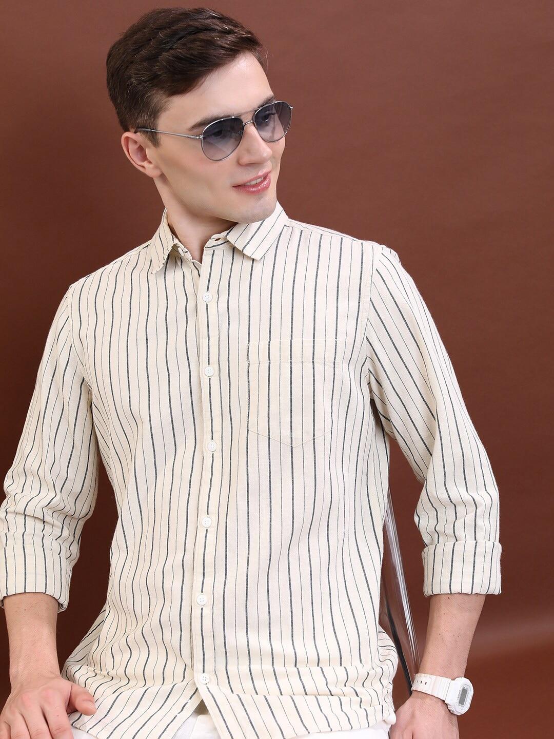 highlander beige slim fit vertical striped spread collar casual shirt