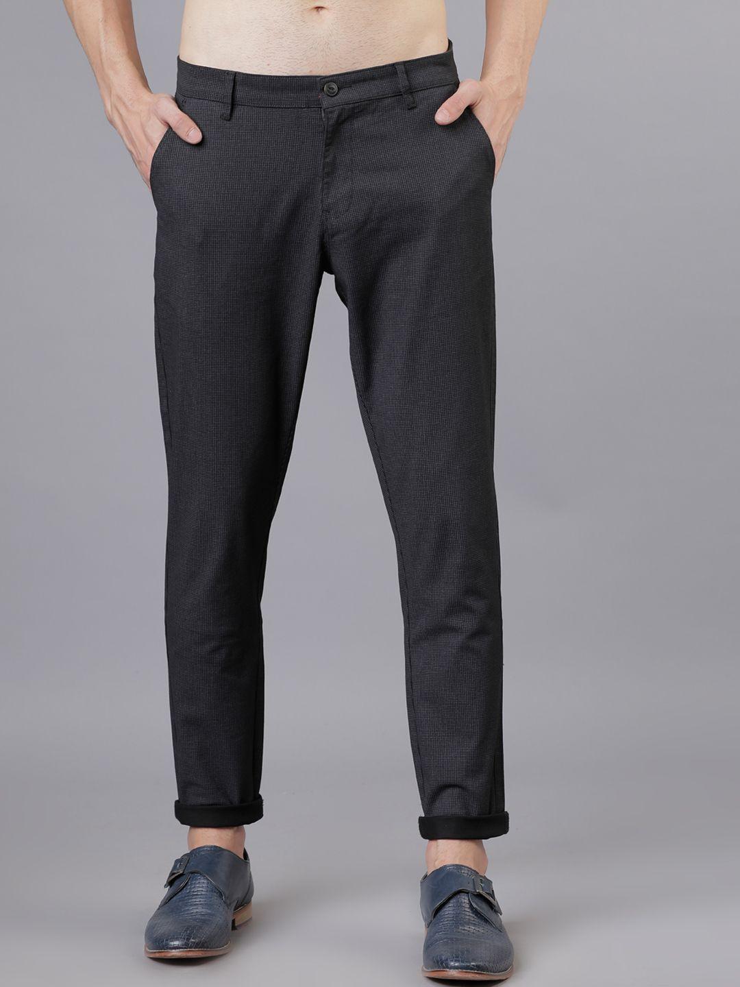 highlander men black & grey slim fit self design regular trousers