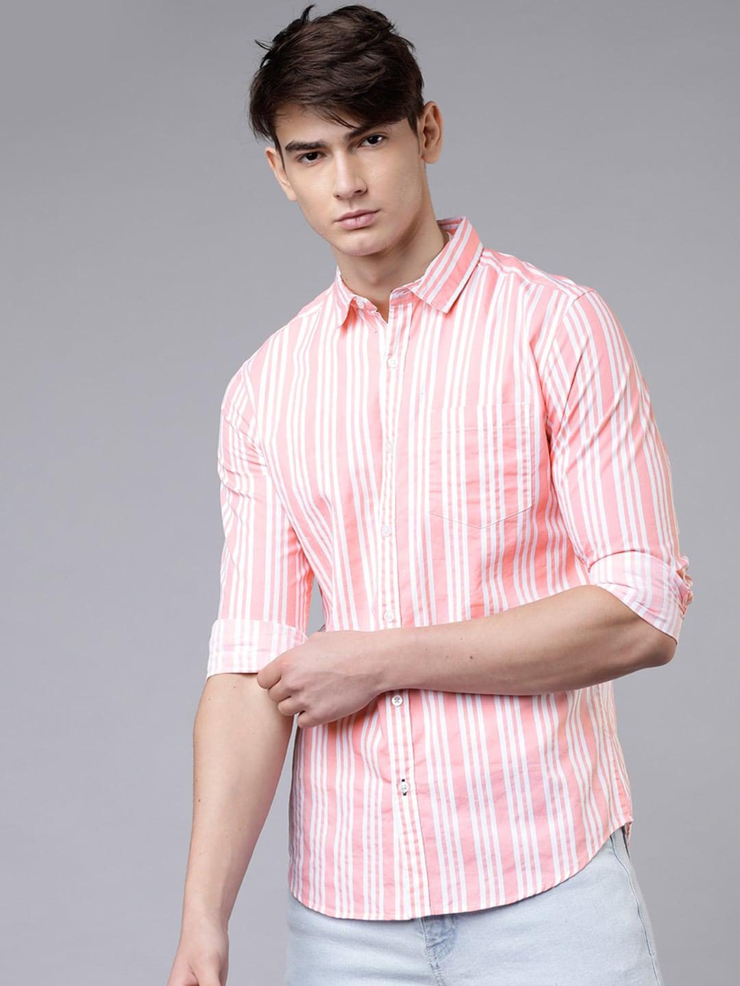 highlander men coral & white slim fit striped casual shirt