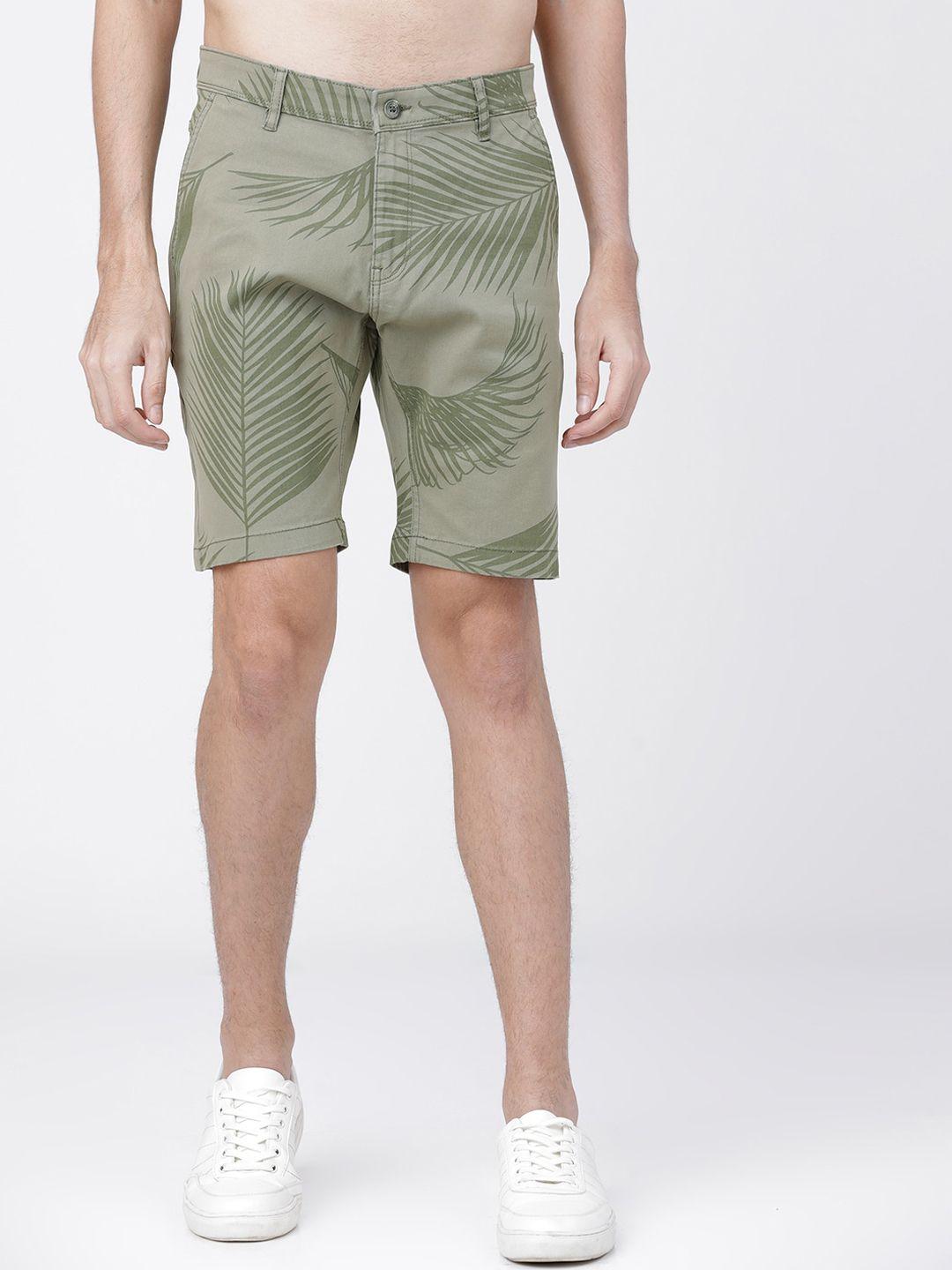highlander men olive green printed slim fit regular shorts