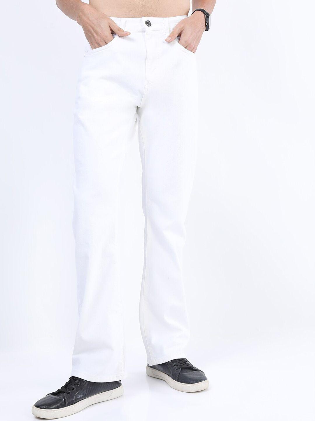 highlander men white regular fit solid stretchable jeans