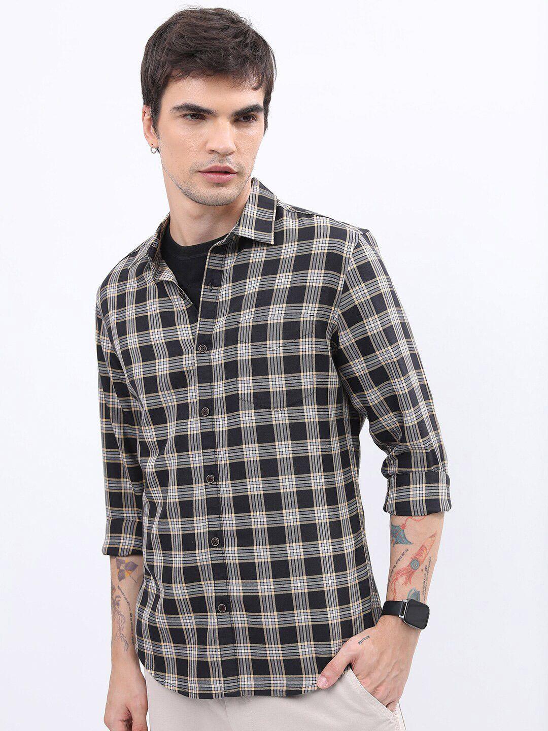 highlander black & white buffalo checks slim fit casual shirt