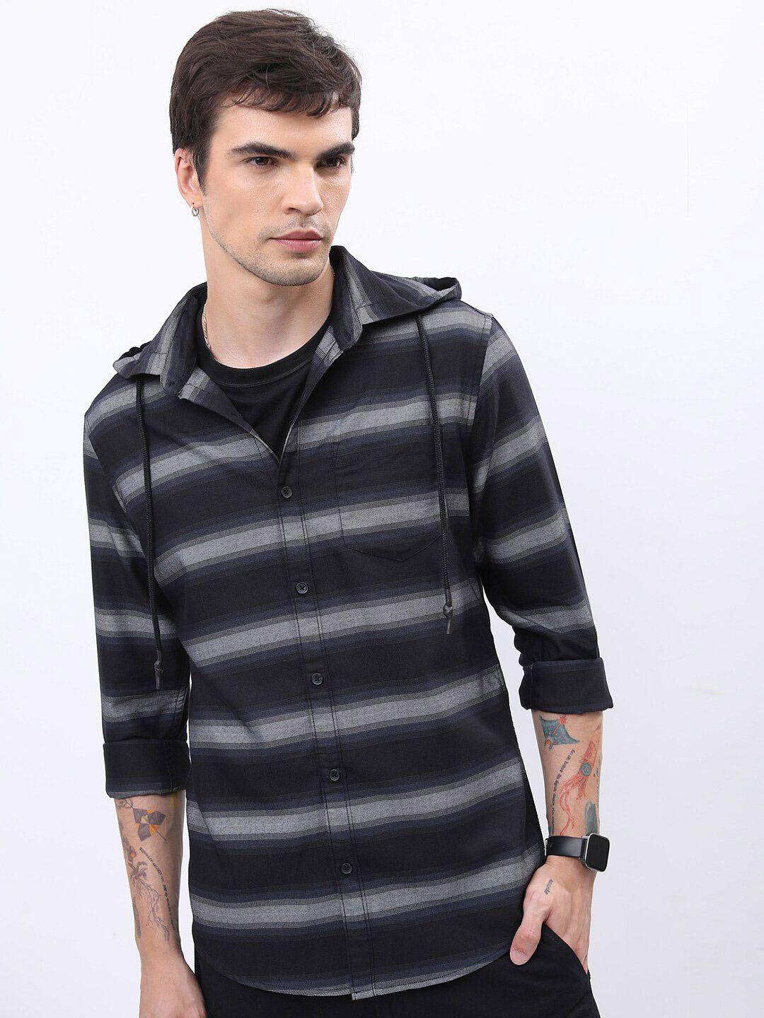 highlander black & white horizontal stripes hooded slim fit casual shirt