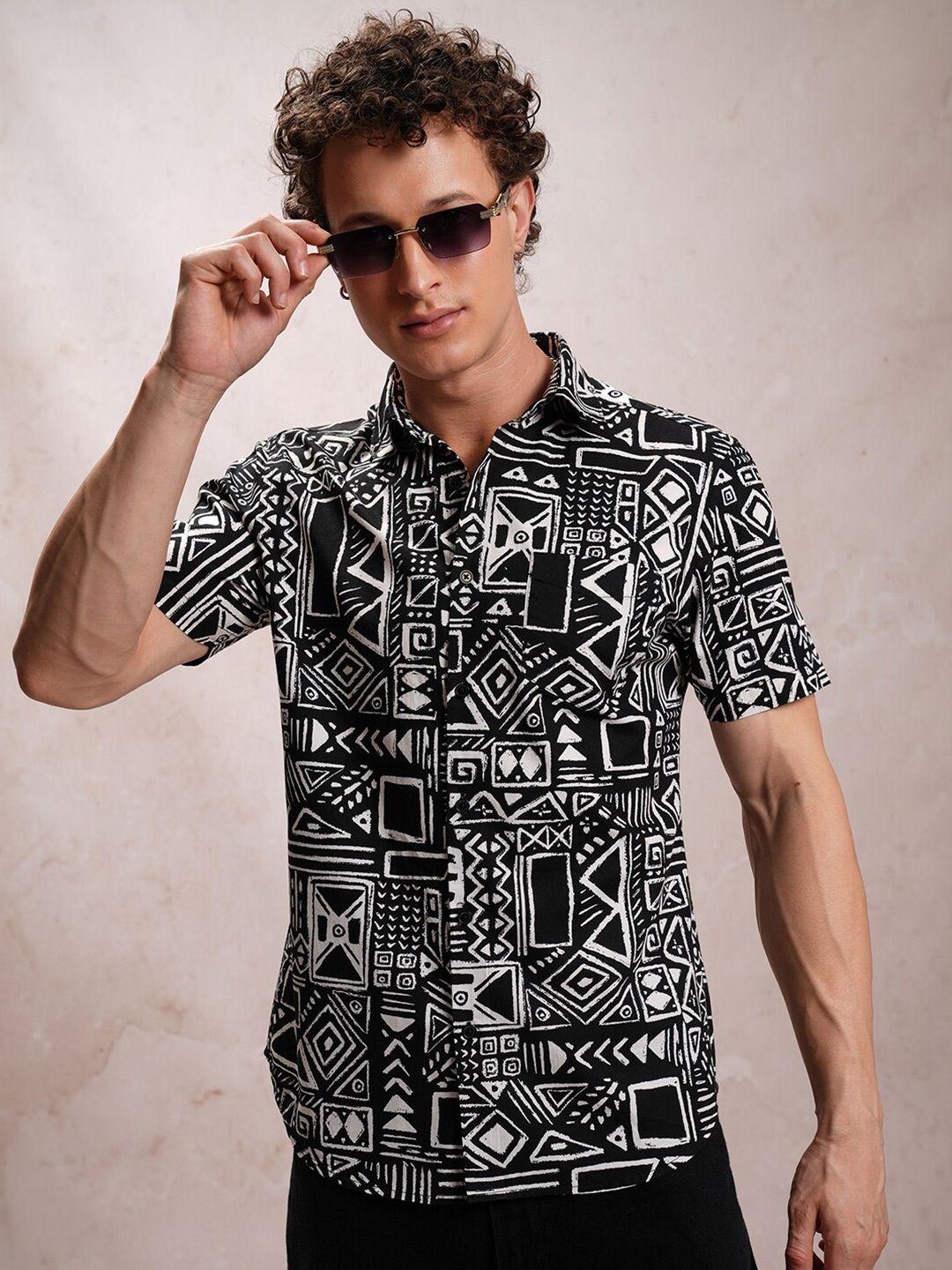 highlander black slim fit ethnic motifs printed casual cotton shirt