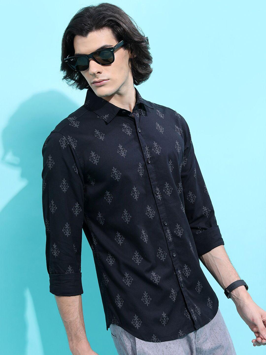 highlander black slim fit floral printed cotton casual shirt