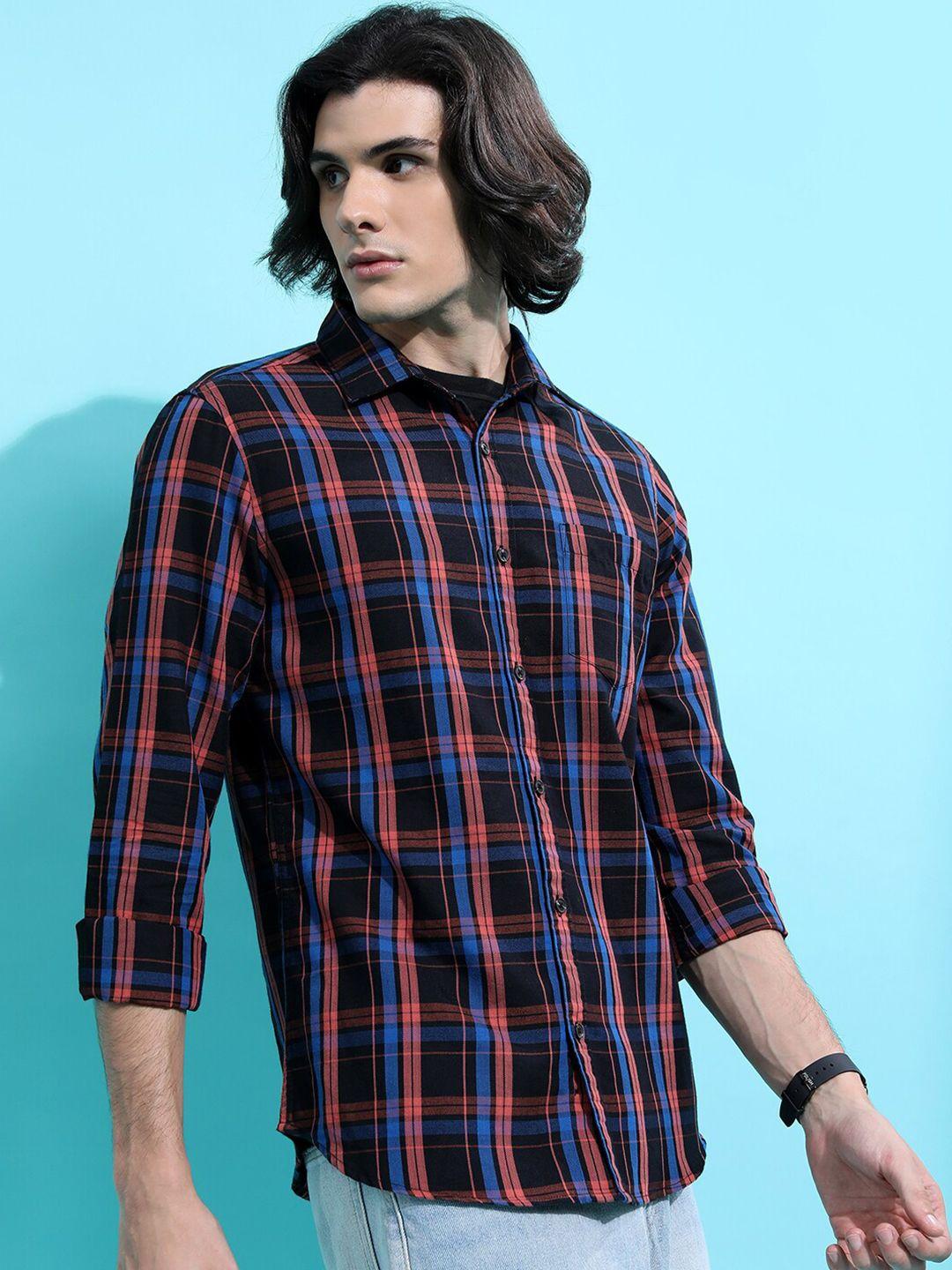 highlander black slim fit tartan checked casual shirt