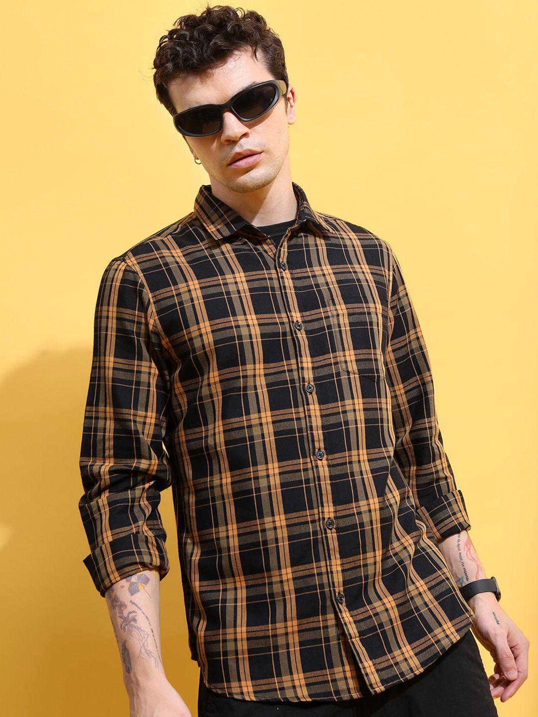 highlander black slim fit tartan checked casual shirt