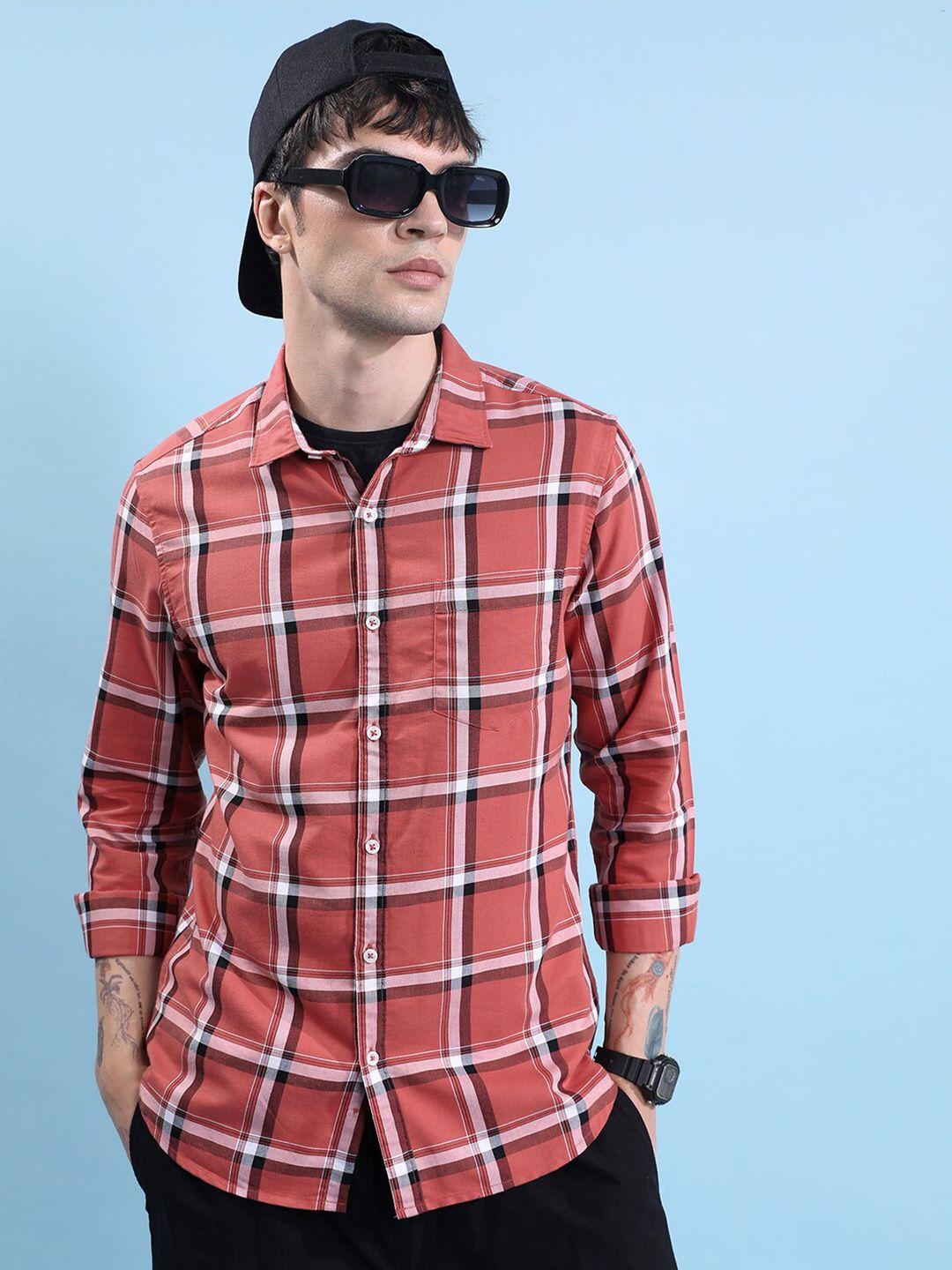 highlander brown slim fit tartan checked casual shirt