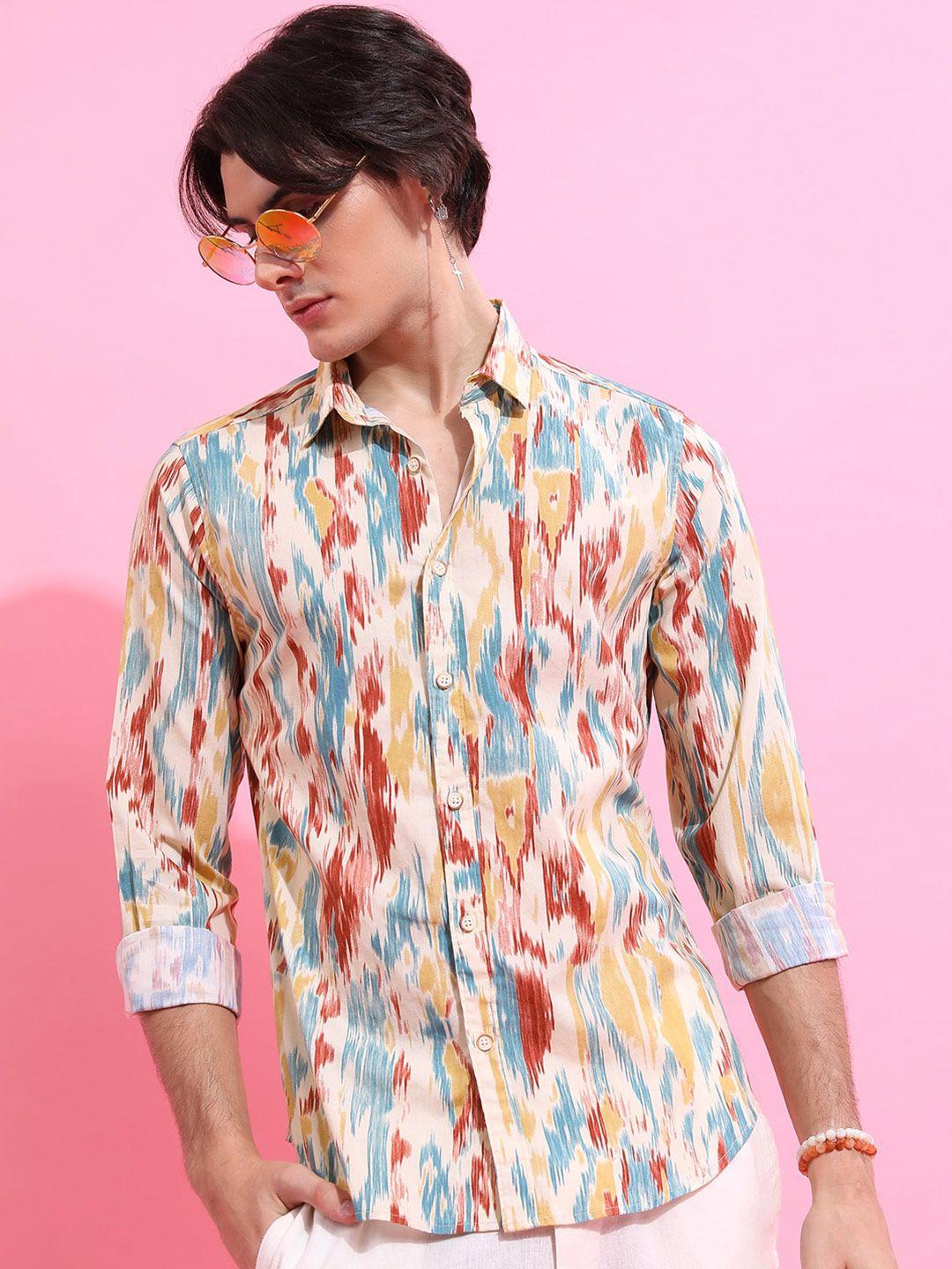 highlander cream & maroon slim fit abstract printed cotton casual shirt