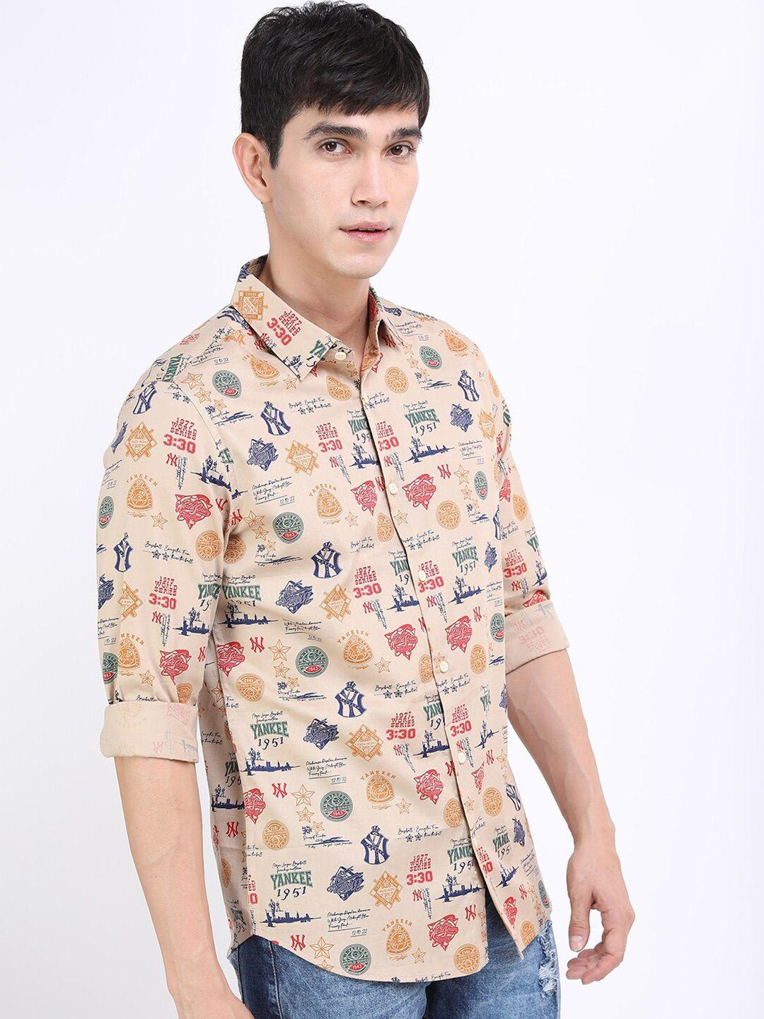 highlander men beige slim fit printed casual shirt