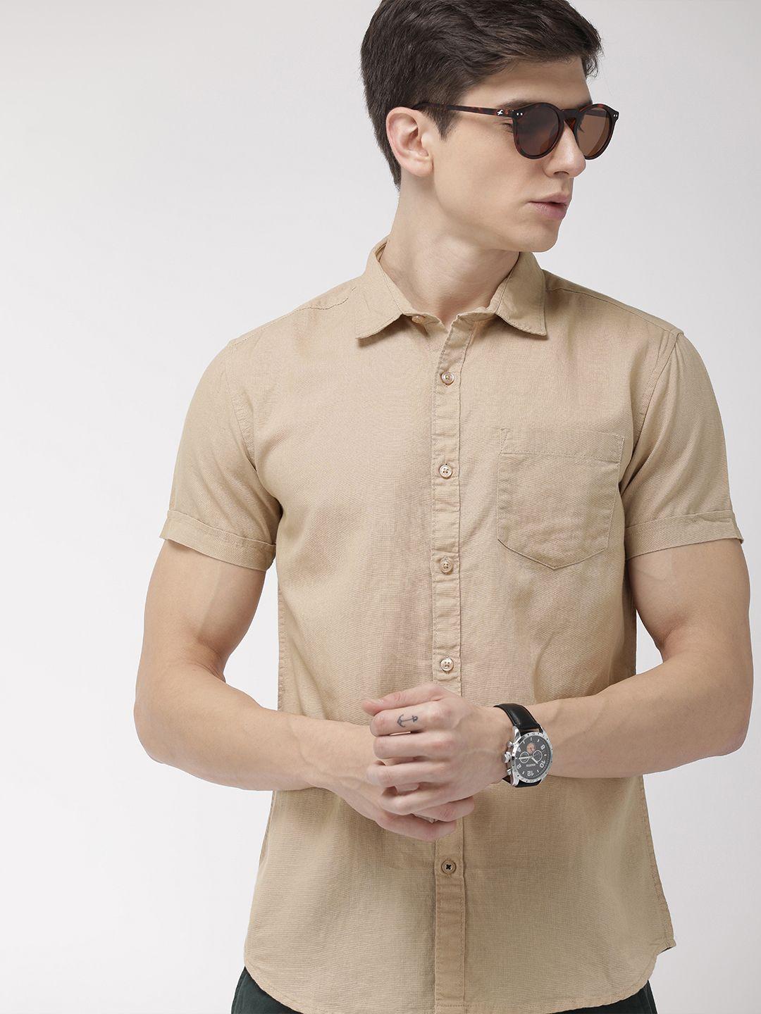 highlander men beige slim fit solid casual short sleeve shirt