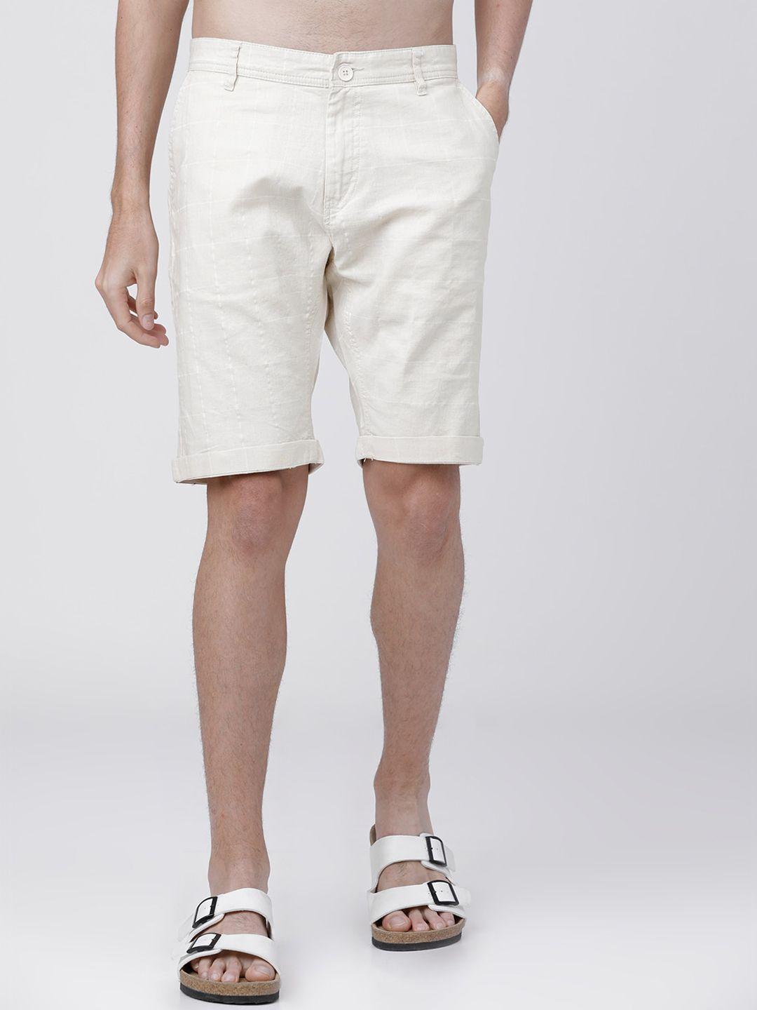 highlander men beige solid slim fit cotton linen regular shorts