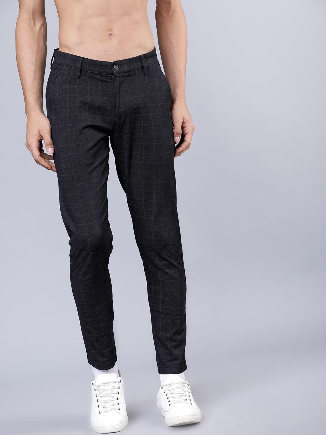 highlander men black & grey slim fit checked regular trousers