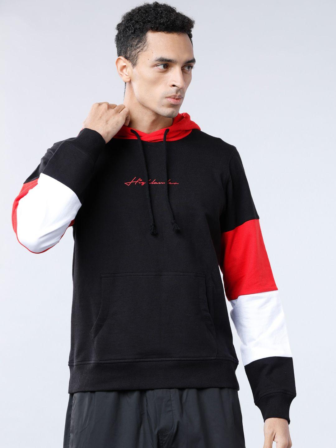 highlander men black & red solid hooded sweatshirt