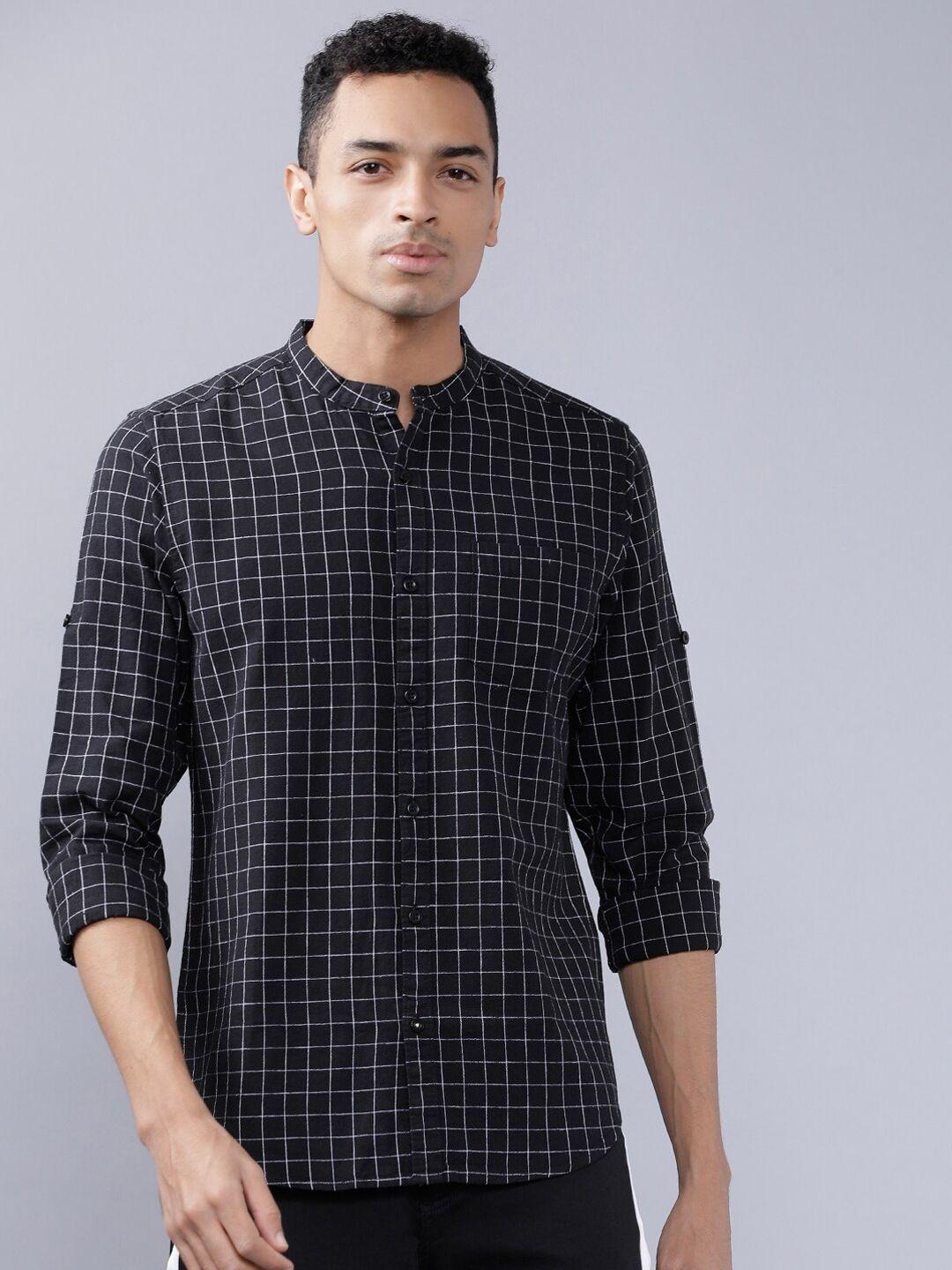 highlander men black & white slim fit checked casual shirt