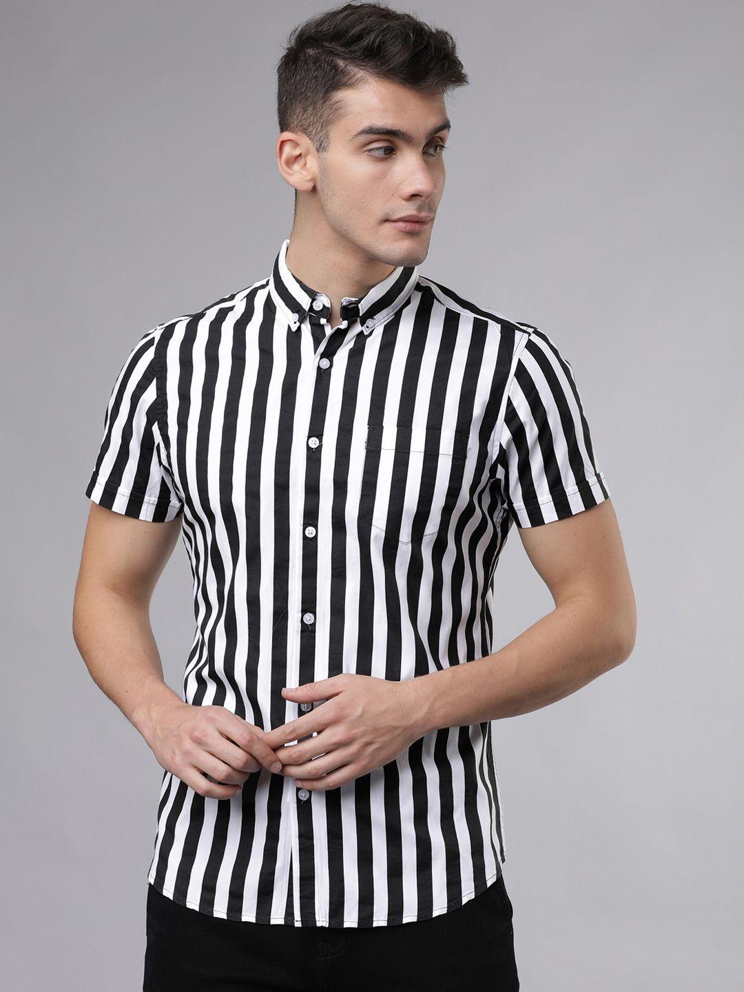 highlander men black & white slim fit striped casual shirt