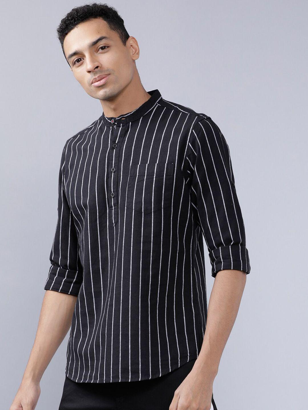 highlander men black & white slim fit striped cotton linen casual shirt
