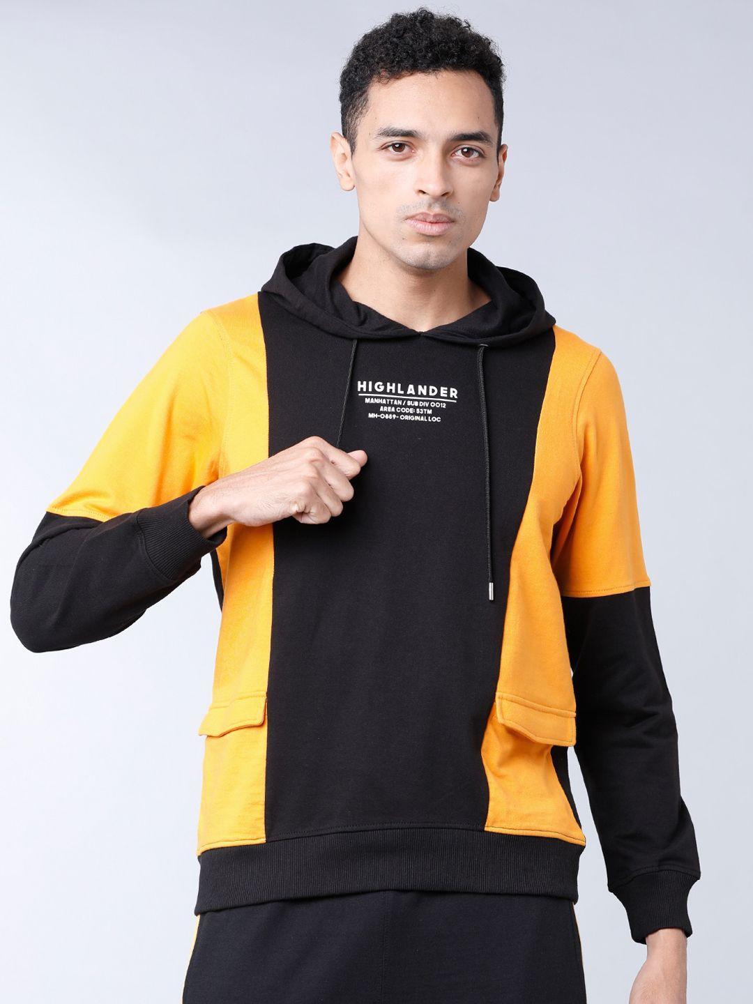 highlander men black & yellow colourblocked hooded sweatshirt