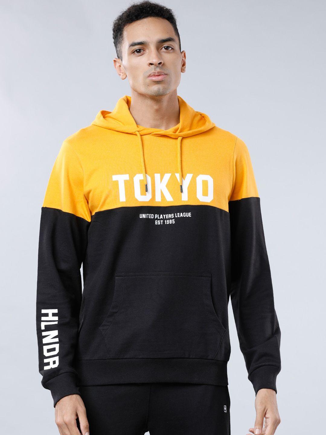 highlander men black & yellow colourblocked hooded sweatshirt