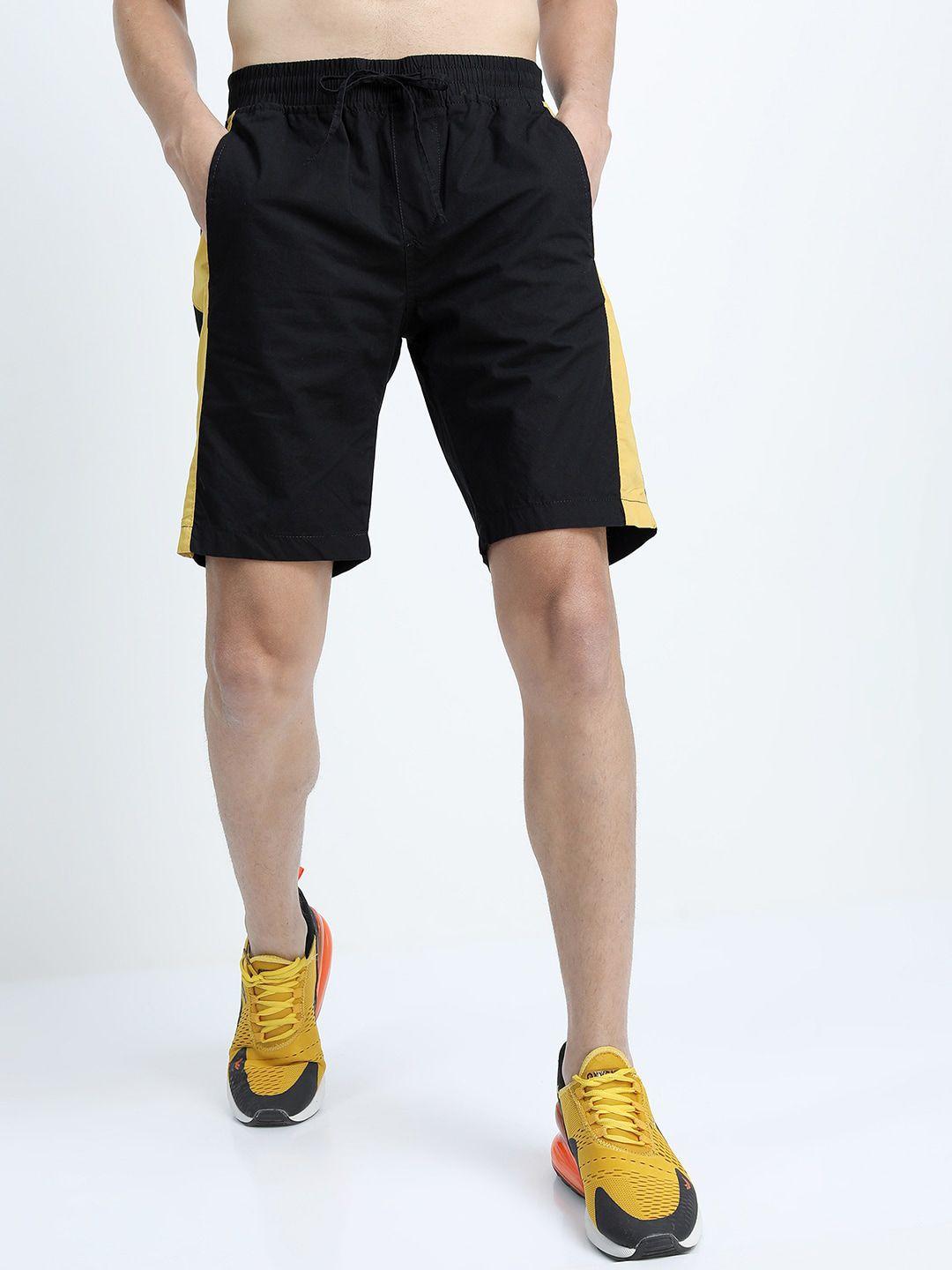 highlander men black & yellow slim fit cotton sports shorts