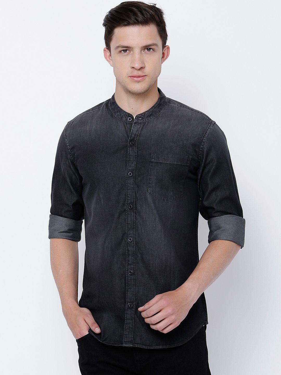 highlander men black slim fit denim casual shirt