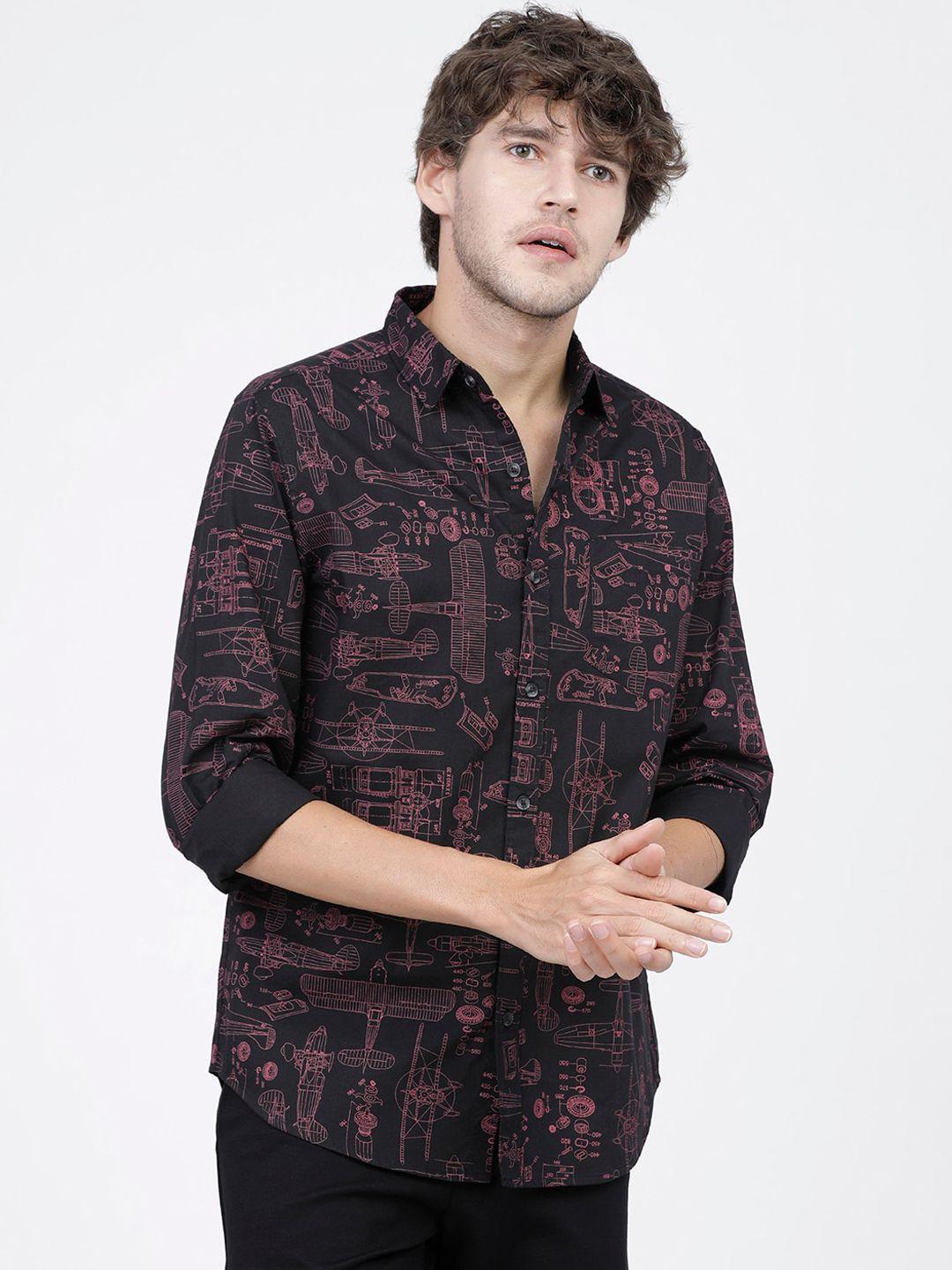 highlander men black slim fit opaque printed casual shirt