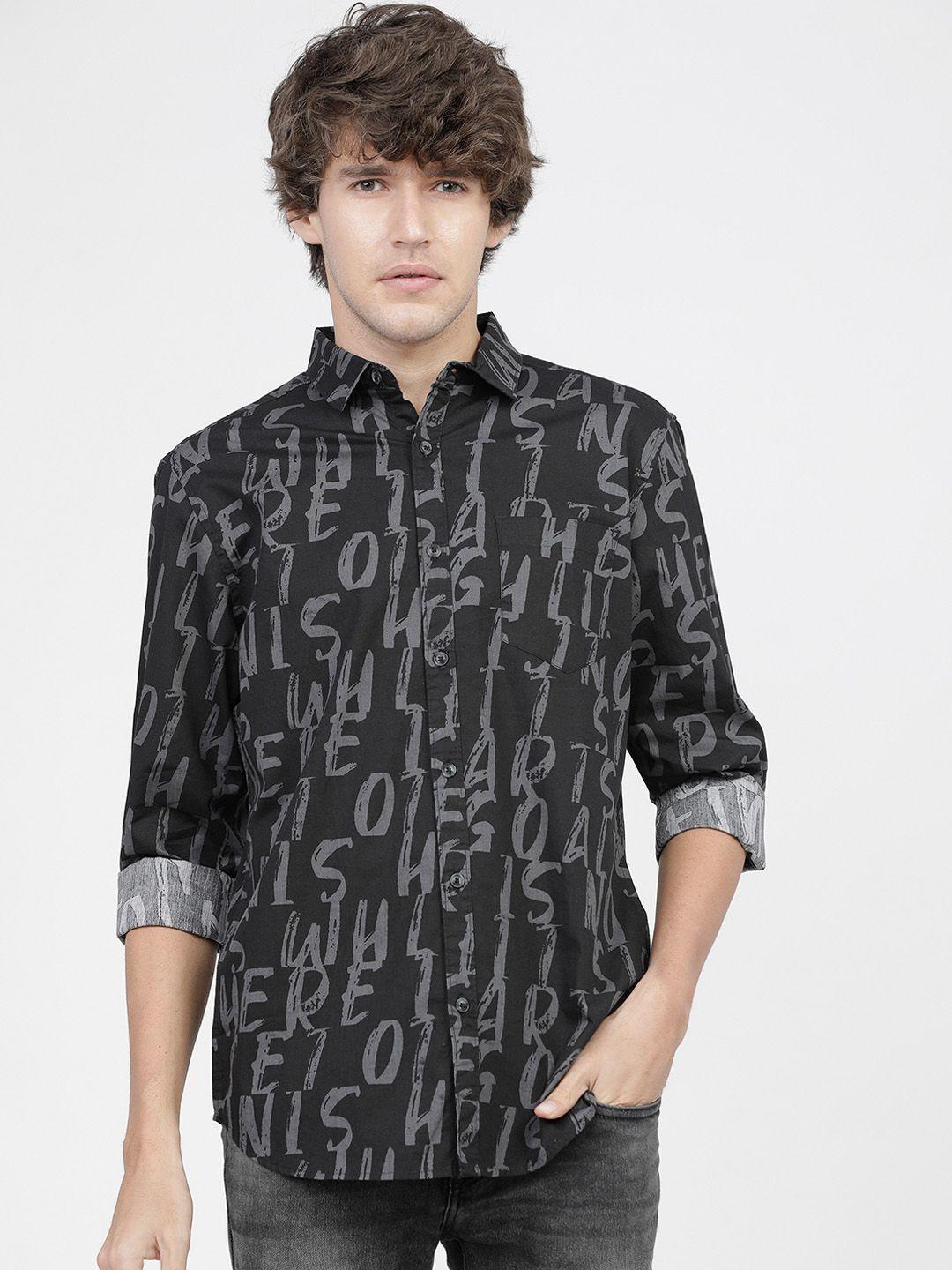 highlander men black slim fit printed casual shirt