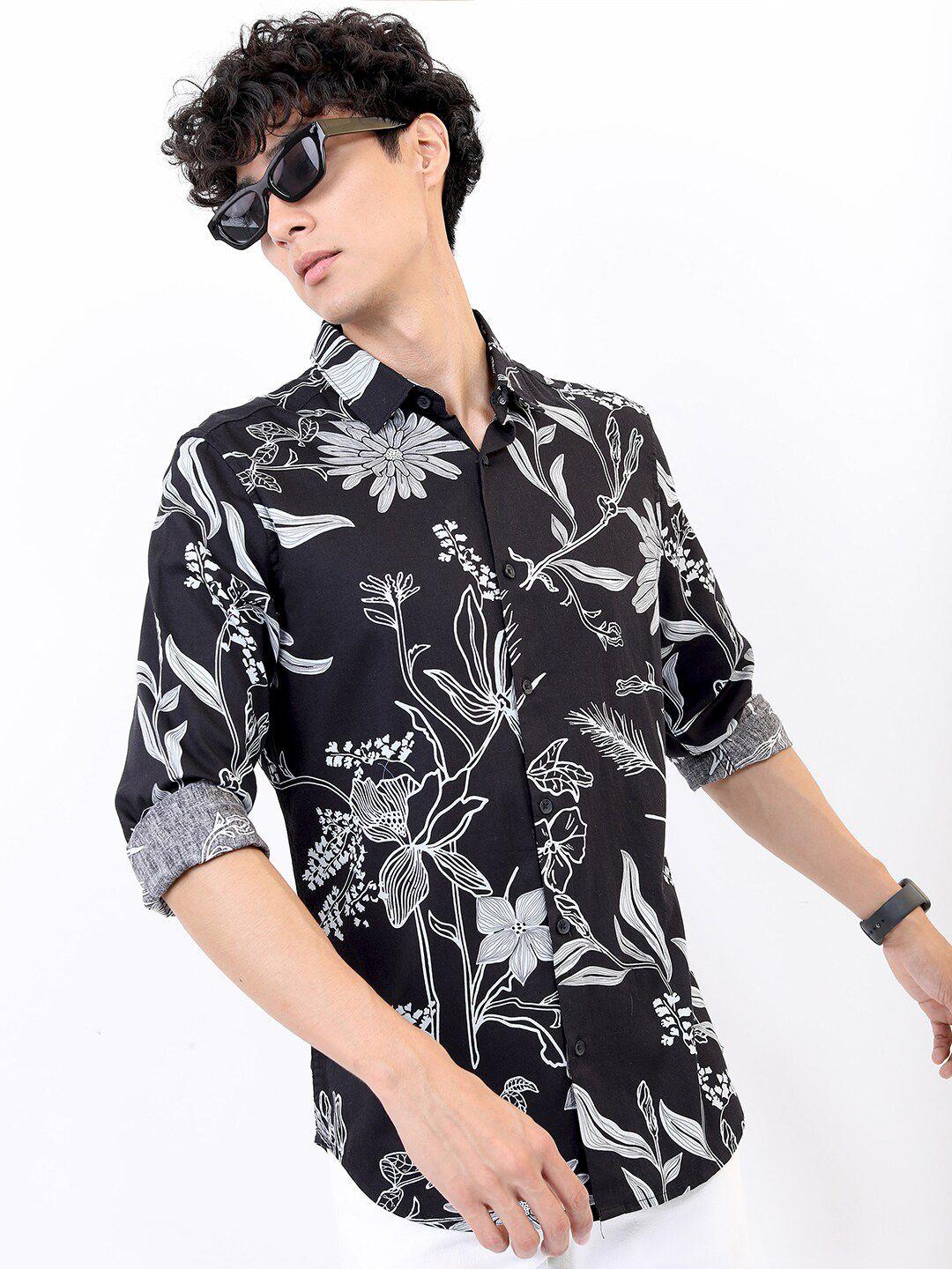 highlander men black slim fit printed cotton casual shirt