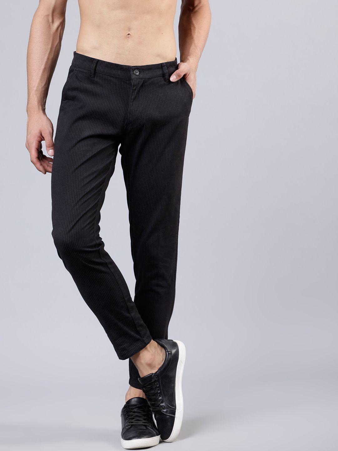 highlander men black slim fit striped formal trousers