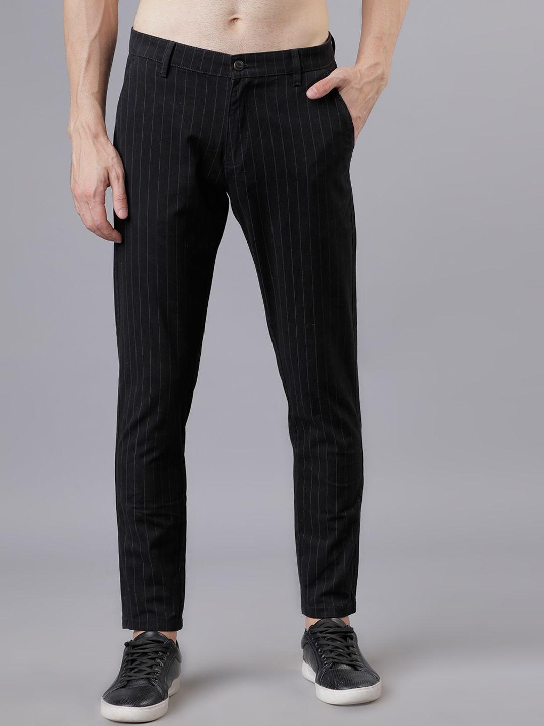 highlander men black slim fit striped regular trousers