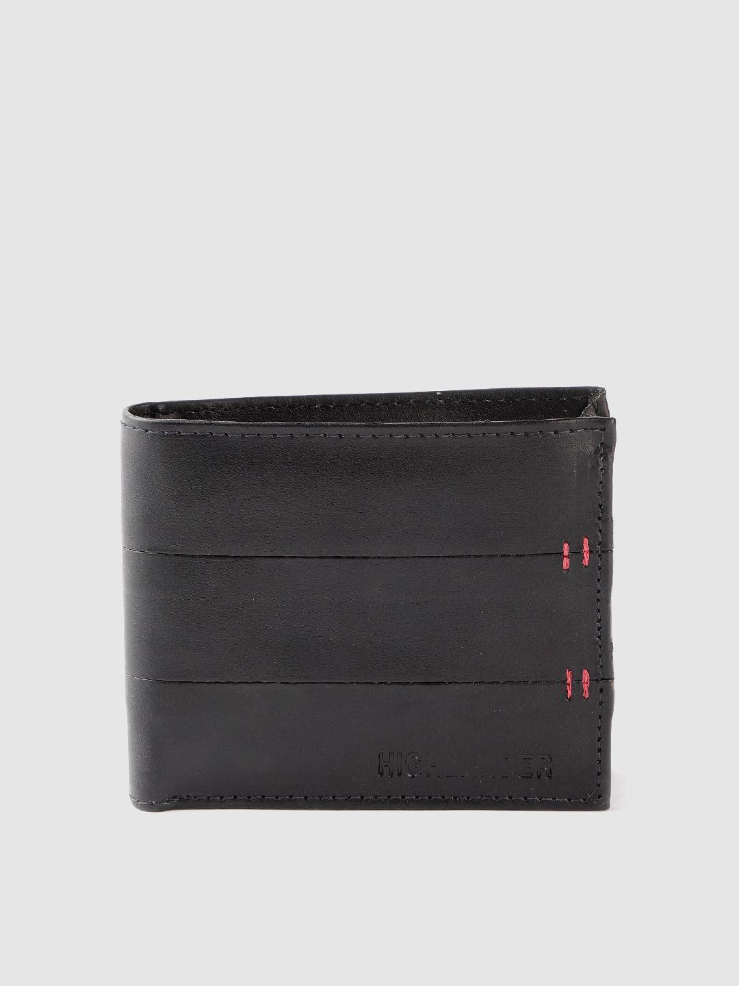 highlander men black solid two fold wallet with thread work detail