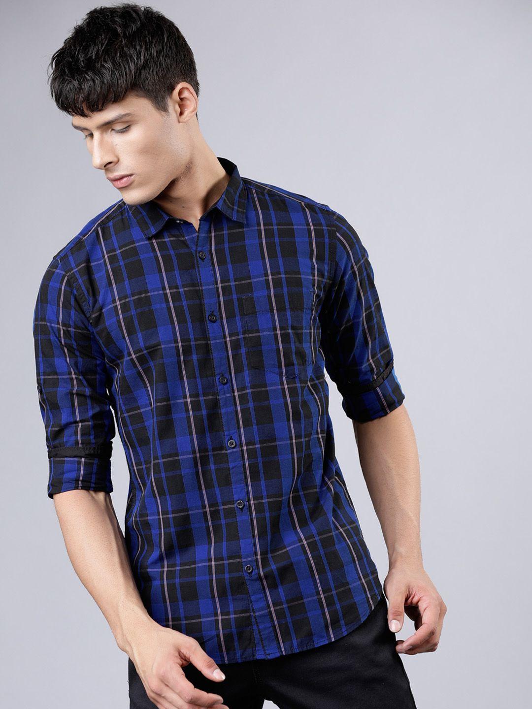 highlander men blue & black slim fit yarn dyed checked casual shirt