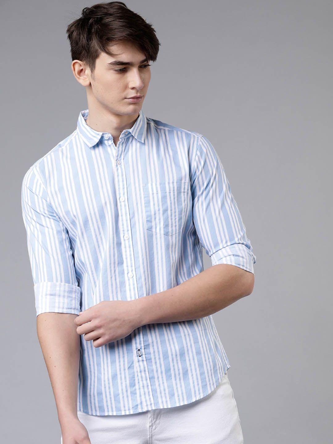 highlander men blue & white slim fit striped casual shirt