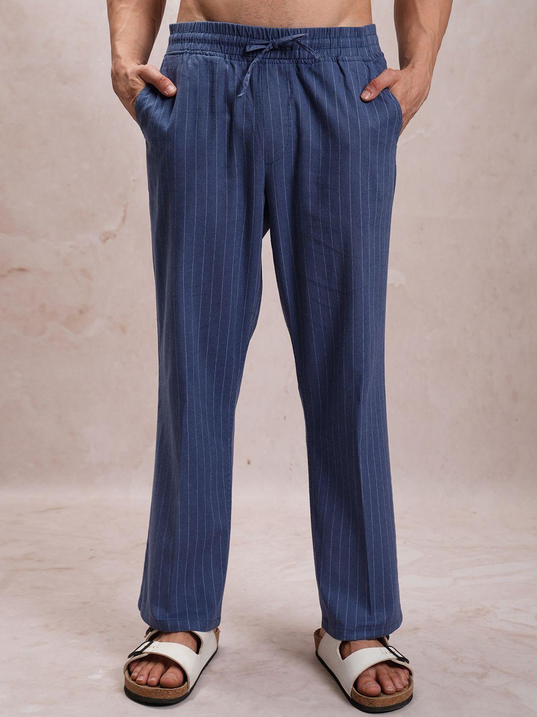 highlander men blue mid-rise relaxed fit striped cotton linen trousers