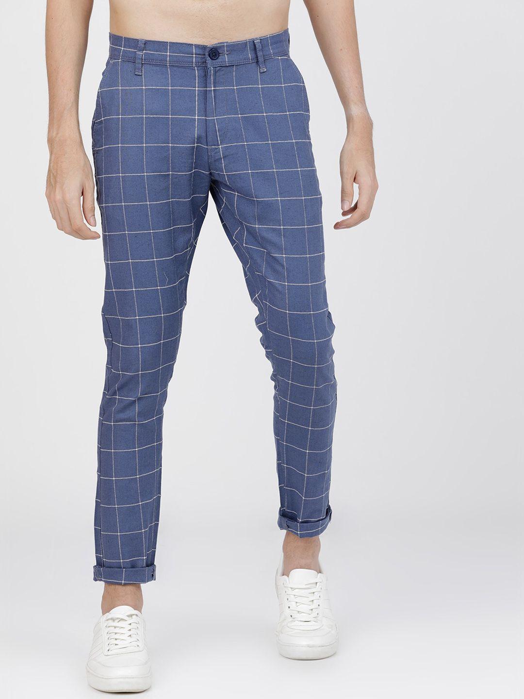 highlander men blue slim fit checked regular trousers