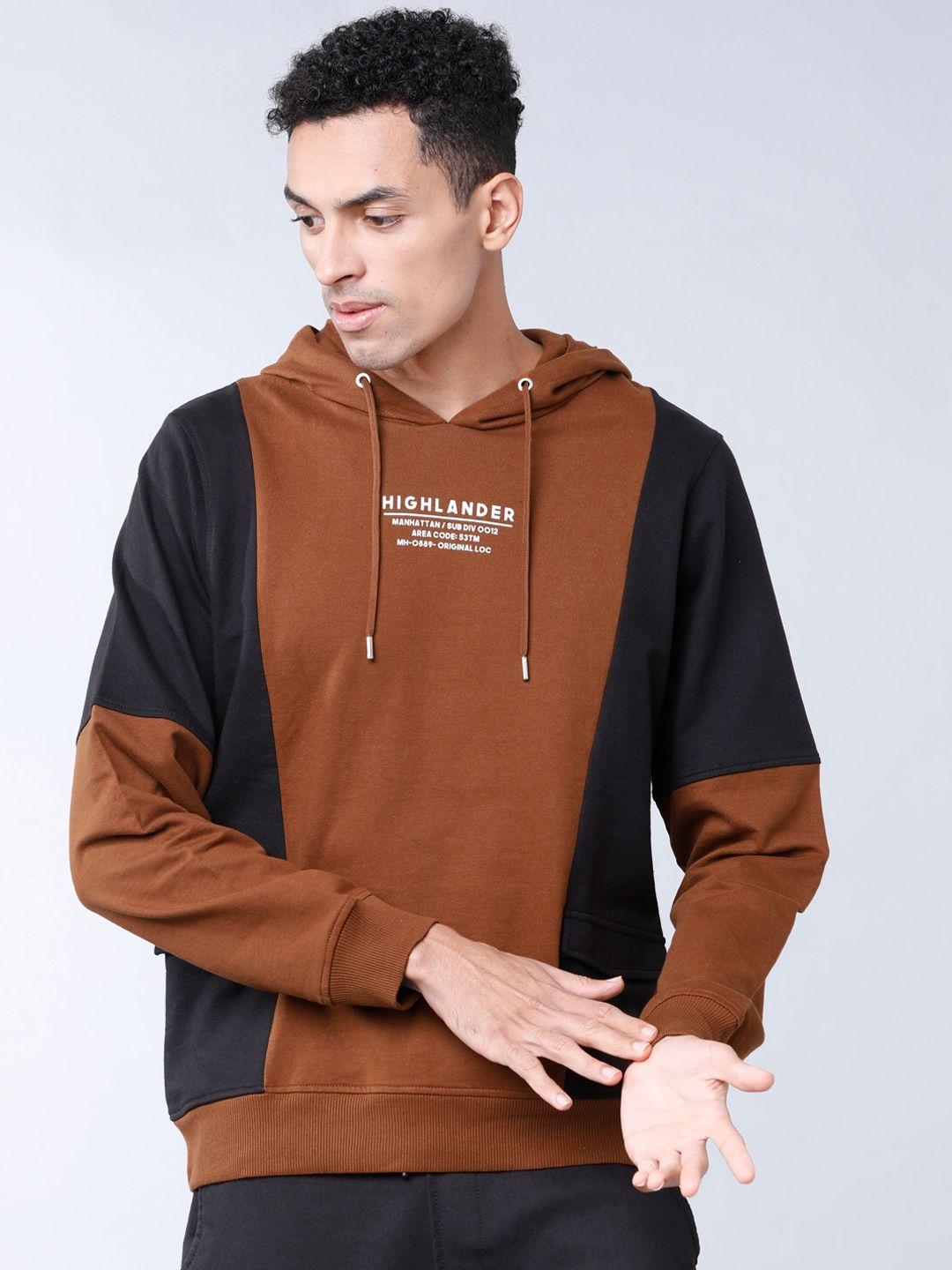 highlander men brown & black colourblocked hooded sweatshirt