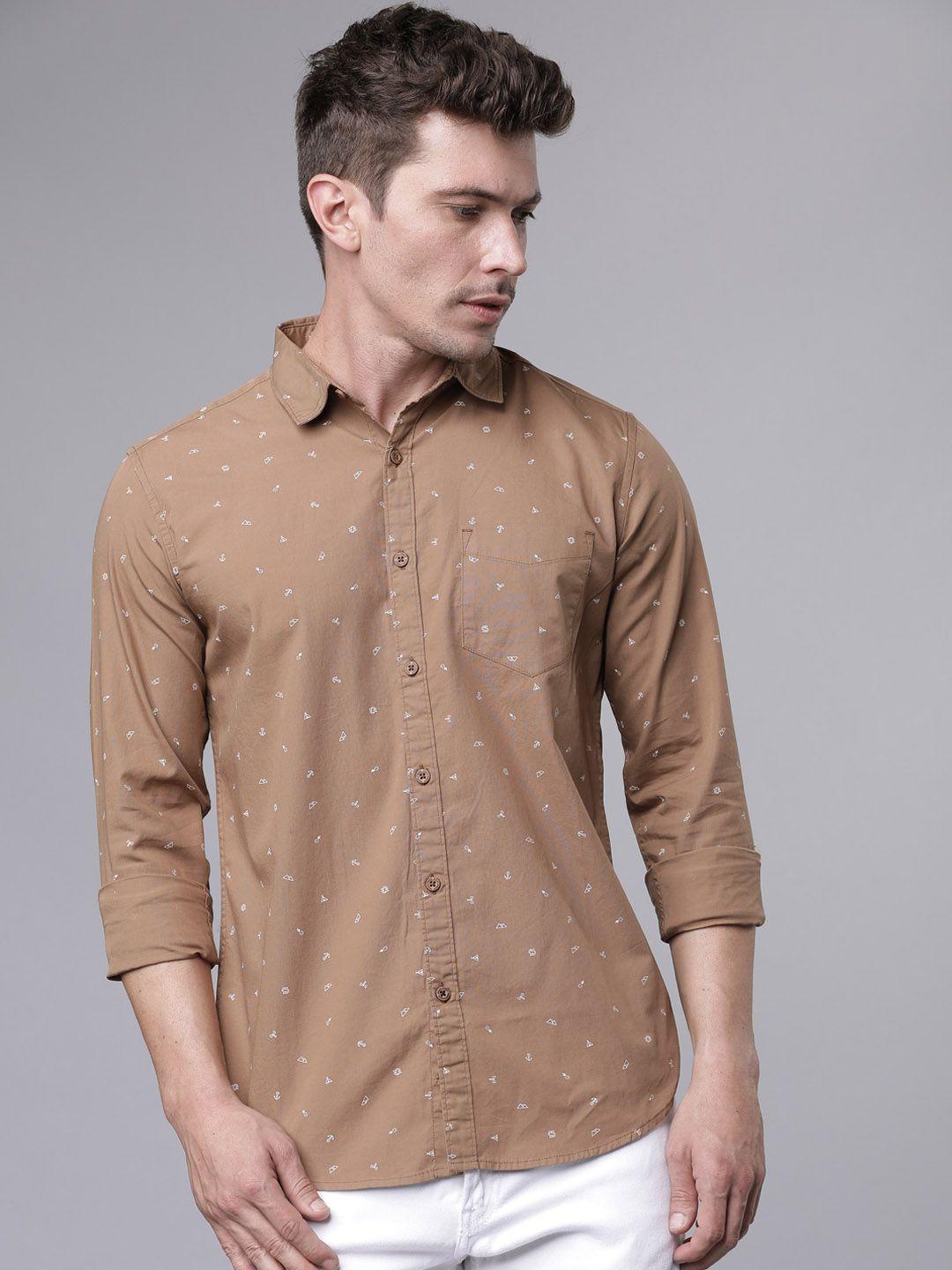 highlander men brown manhattan slim fit printed casual shirt