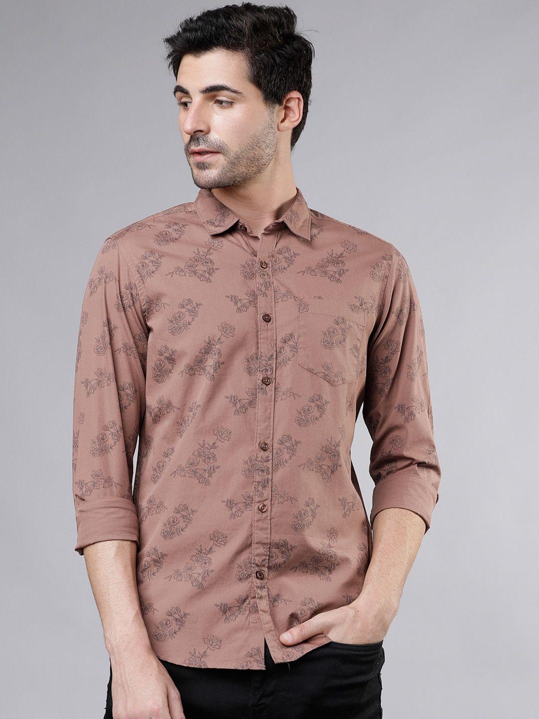 highlander men brown slim fit printed casual shirt