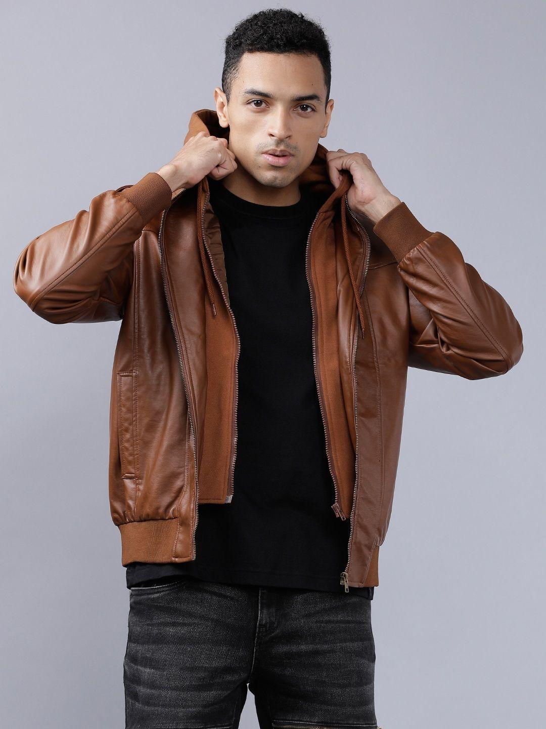 highlander men brown solid biker jacket